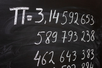 number pi handwritten with white chalk on a blackboard - obrazy, fototapety, plakaty