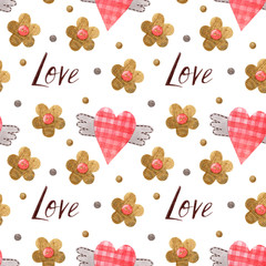 Romantic pattern. Cute watercolor elements for Valentine's Day isolated on white background. For printing on fabric, wallpaper, packaging design.