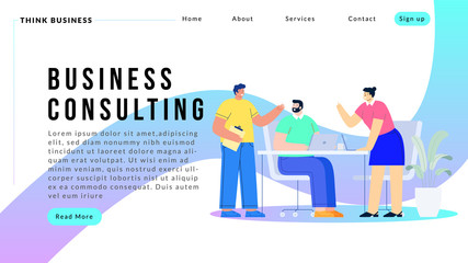 Business Landing page template with Office workers communicating or talking to client or conversations between teamwork or meeting, brainstorming. Vector cartoon concept illustration Professionals lau