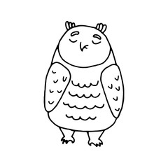 Cute owl, forest bird design element. Сoncept nature, wildlife. Hand drawn vector illustration in doodle style outline drawing isolated on white background.