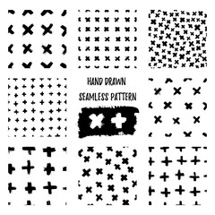 Set of Plus signs and crosses seamless pattern of brush strokes. Vector monochrome grunge texture from X. Scandinavian background for printing on textiles, paper, Wallpaper, print on t-shirts