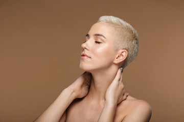 Blonde stylish woman with short haircut