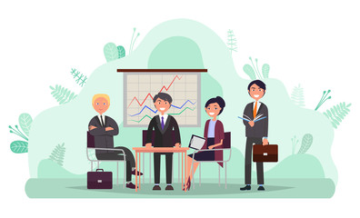 People in office giving presentation and discussing problems vector. Business conference of partners, whiteboard info with charts and statistics data