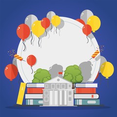 High school graduation party celebration invitation vector illustration. Flat style books and university building, festive balloons and place for text. College graduation brochure cover template