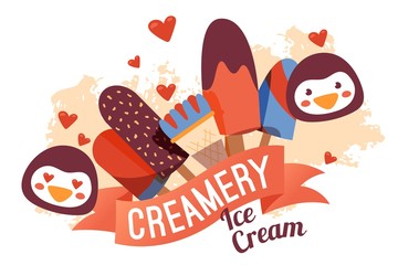 Ice cream shop banner, creamery promotion vector illustration. Cute penguin faces, flat style poster for gelateria, ice cream cafe assortment, wafer cone and popsicle gelato. Creamery advertisement