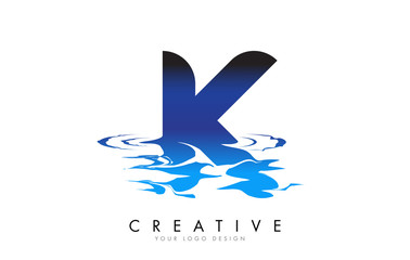 K Letter Logo Design with Water Effect and Deep Blue Gradient Vector Illustration.