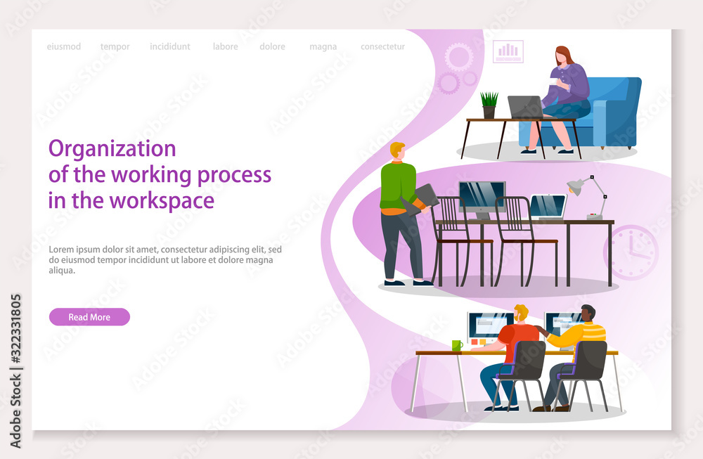Poster organizing of working process and workplace of workers. people employees on pc laptops dealing with 