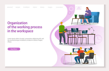 Organizing of working process and workplace of workers. People employees on pc laptops dealing with stats and tasks completion. Website or webpage template, landing page, vector in flat style