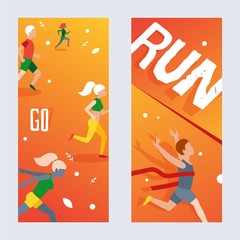 Running marathon vertical banner, vector illustration. Sport competition invitation, active healthy people run, flat style cartoon character winner. Men and women runners, sport event advertisement