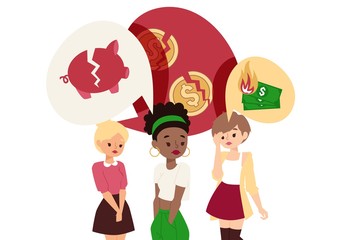 Sad women in financial crisis, upset broke girls vector illustration. Cartoon character depressed woman lost money savings. Economic crisis, business problem, failed investment. Poor girls crying