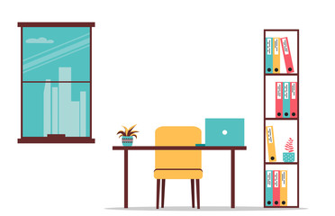 Empty office and workplace. Flowers in pots and a rack with documents. Desk with a laptop. Study with a window. Flat vector illustration on isolated background.
