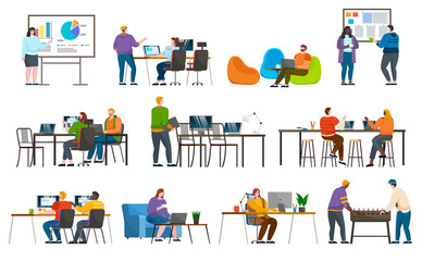 Collection of coworking people in office working on laptop. Set of characters with computers and whiteboards with charts and information in visual form. Employees and employers meeting vector