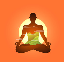 Person silhouette practising yoga lotus pose in the morning bright sun and mountain landscape.