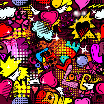 A seamless background of love. Graffiti. Print with hearts. Happy Valentine's Day. Vector illustration