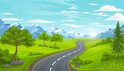 Curvy road with mountains. Rural landscape with trees and green lawns.Traveling and adventures on street in suburbs view, countryside natural scenery. Modern road look of highway leading straight