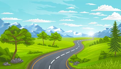 Garden poster Lime green Curvy road with mountains. Rural landscape with trees and green lawns.Traveling and adventures on street in suburbs view, countryside natural scenery. Modern road look of highway leading straight