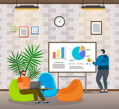 Man sitting on puff and working on laptop. Manager or office worker explore financial report, statistics charts and diagrams on board. Vector illustration of cozy workplace for team in flat style