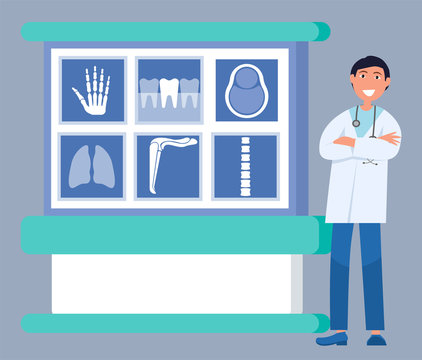 Smiling doctor in uniform standing near x-ray board with image of hand, tooth and chest, spine and lungs. Medical research and diagnostic, ct or mri vector