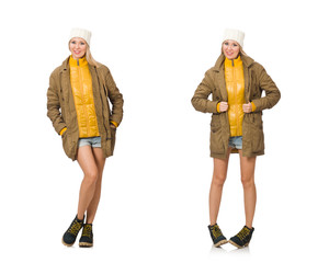 Pretty woman in jeans shorts isolated on white