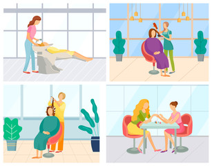 Professional stylist washing hair in sink, drying and curling it with hot rollers. Manicure master in spa salon. Beauty and cosmetology procedures vector