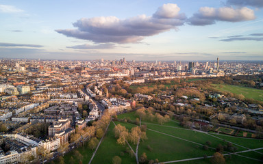 London skyline. Aerial drone photo from Primrose Hill in North London looking south with many key landmarks in view. - 322335242