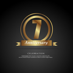 7th anniversary golden logo text decorative. With dark background. Ready to use. Vector Illustration EPS 10