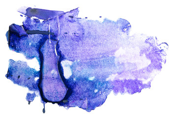 Abstract watercolor blue purple stain with grunge droplets and drips. on a white background isolated. Watercolor texture