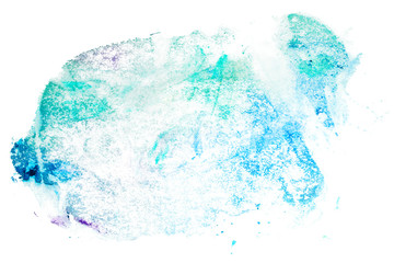 Abstract watercolor stain blue with grunge droplets and drips. on a white background isolated. Watercolor texture
