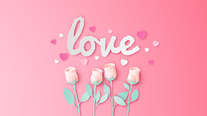 Pink rose on Valentine's day and LOVE paper cut calligraphy decorated with pink hearts. Love card. paper cut and craft style. vector, illustration.