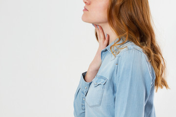 Suffering female throad pain background - Sore throat woman copy space