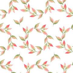 Watercolor leaves seamless pattern. Watercolor hand drawn illustration. Decorative wreath of leaves. Summer picture. Design for textiles, cards, packaging, fabrics, menus, restaurants