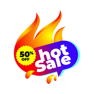 Hot Sale banner design template, with Fire Illustration, Suitable for business promotion, special offer, big sale, discount up to 50% off.