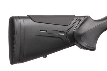 Modern semi-automatic shotgun butt isolate on a white background. Weapons for hunting, sports and...