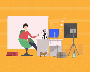 Man recording video. Flat illustration on the theme of blogger chanel.