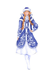 New Year's illustration of a snow maiden in a blue coat