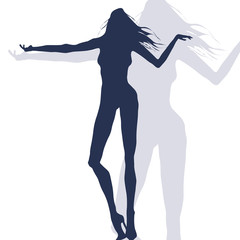Dancing woman. Silhouette of slender girl with long hair. Vector