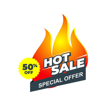 Hot Sale banner design template, with Fire Illustration, Suitable for business promotion, special offer, big sale, discount up to 50% off.