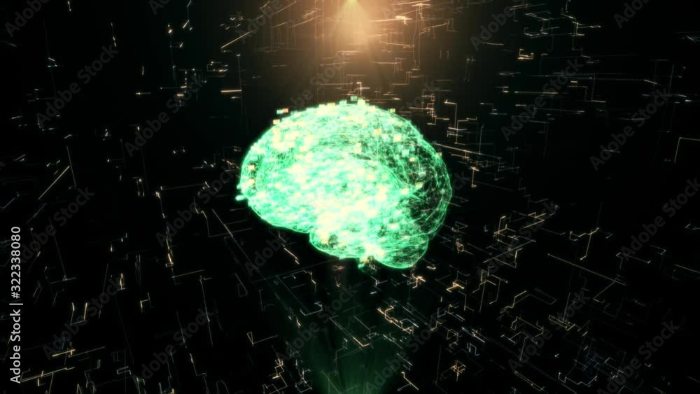 Poster graphic design of 3d animation of the human brain. scanning of the ai concept. glowing particles of 