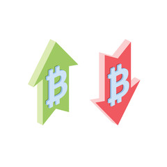 Bitcoin arrows up down. Vector 3d isometric, color web icon, new flat style. Creative illustration design, idea for infographics.