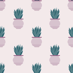 Seamless pattern with cactus in pot on light background.