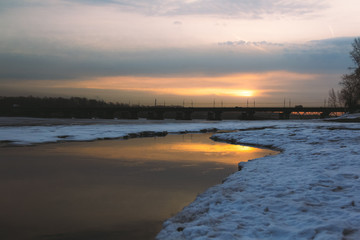 Morning landscape near the river and bridge