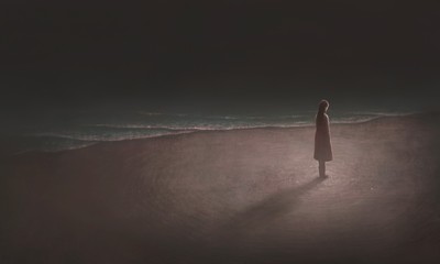 Woman alone with the sea, surreal painting