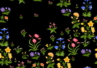Fototapeta na wymiar Tradition mughal motif, fantasy flowers in retro, vintage style. Seamless pattern, background. Vector illustration isolated on black background.