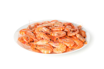 Plate with shrimps isolated on white background