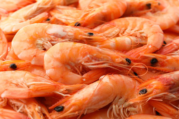 Delicious shrimps texture background, close up. Seafood