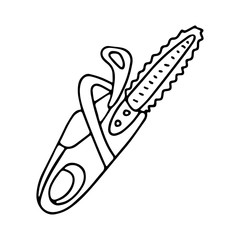 Chainsaw in doodle style. Isolated outline. Hand drawn vector illustration in black ink on white background.