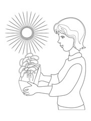 coloring for children and adults. female gardener with seedlings. cottager. sprouts under the sun. dacha season. Seedlings in a box. flower girl. outline black-and-white drawing by hand.