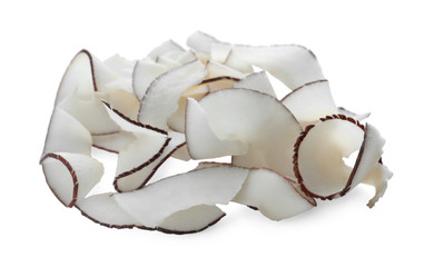 Pile of fresh coconut flakes isolated on white