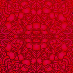 Eastern ethnic motif, traditional indian henna ornament. Seamless pattern, background in red colors. Vector illustration.
