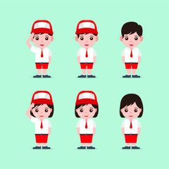 Indonesian Elementary Kids. Boy and Girl Student Wearing Red and White Uniform. Cute and trendy Vector Illustration